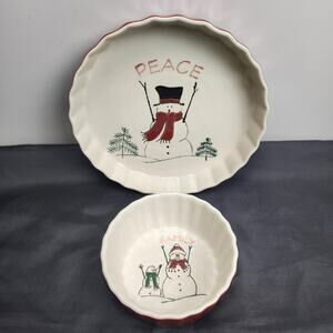 Nantucket Christmas Red Pie & Dip Stoneware Peace Snowmen Matching 2pc Set